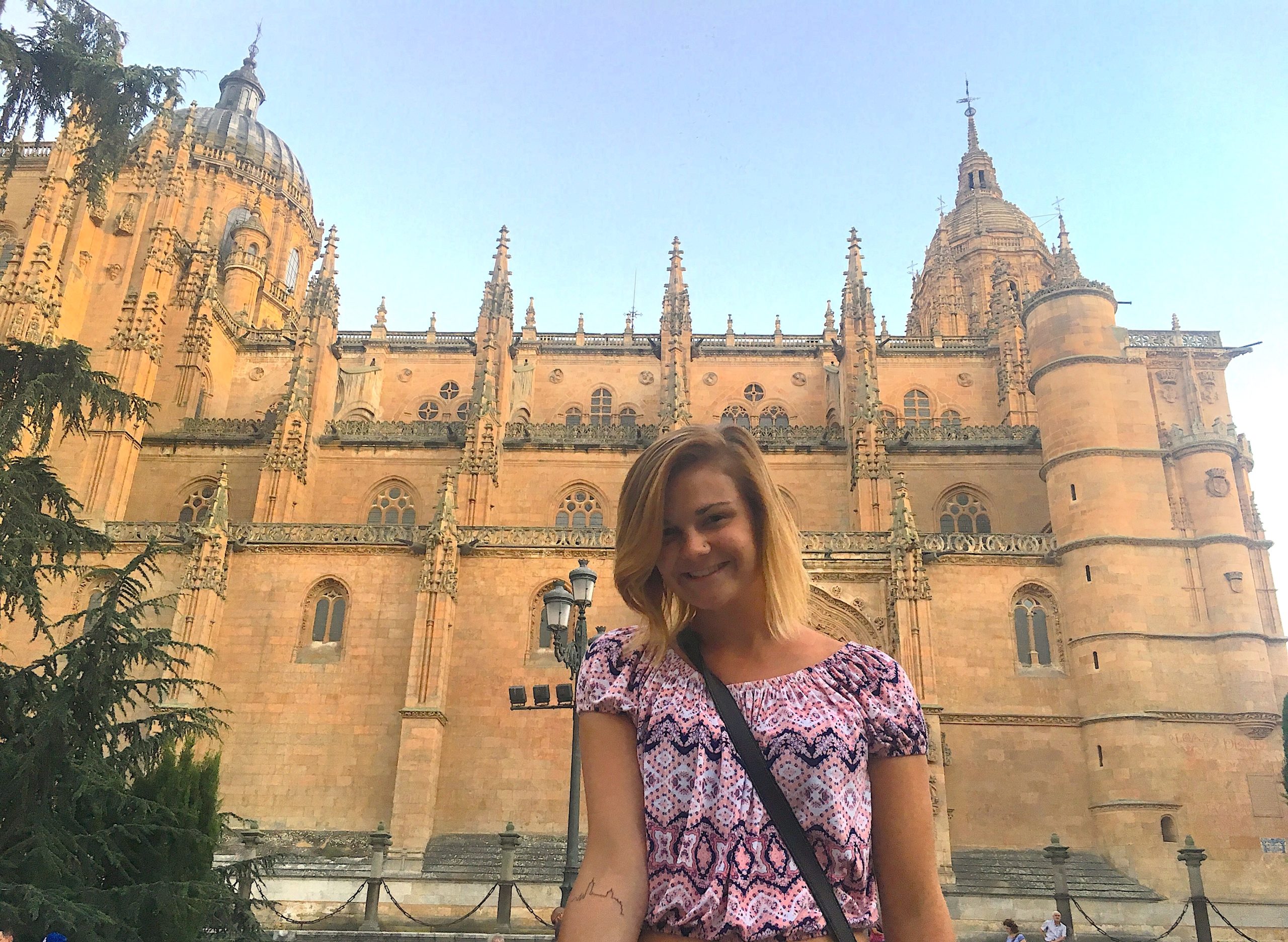Student in front of famous building
